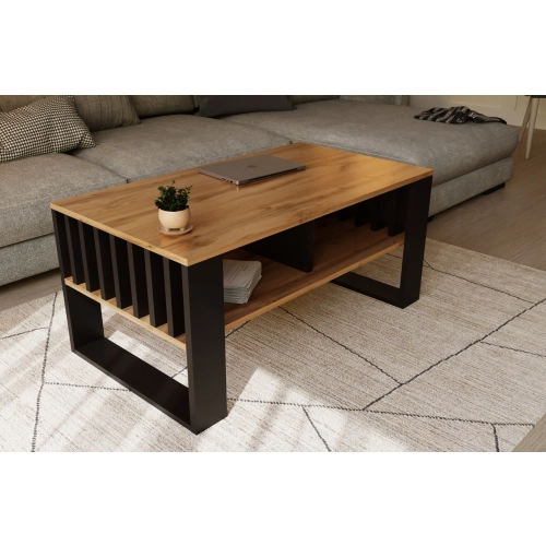 Stolik kawowy ST14 DC z lamelami Ława Dąb Wotan Odwieczny/Czarny z półką loft